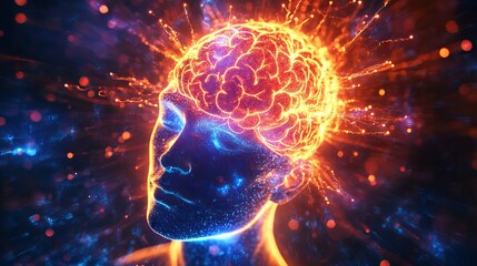 Human head with glowing neurons in brain. Esoteric and meditation concept. Connection with other worlds.