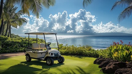 golf cart at Hawaiian beach resort, offering convenient transportation for easy access to amenities, enjoying the tropical island and luxury resort experience
