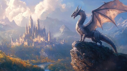 A powerful dragon guards a fantasy realm from a clifftop, its gaze fixed on the kingdom's distant spires