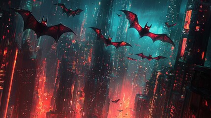 Naklejka premium Digital Bats: AI-Generated Halloween Comic in Futuristic Cityscape with Neon Lights and Eerie Tech Effects