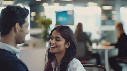 Modern office couple discreetly exchanging smiles during break, capturing subtle workplace romance and connection amidst blurred coworkers.