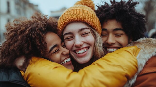 group of young friends embracing each other, capturing a heartwarming moment of joy and connection, highlighting emotional support and positive bonding