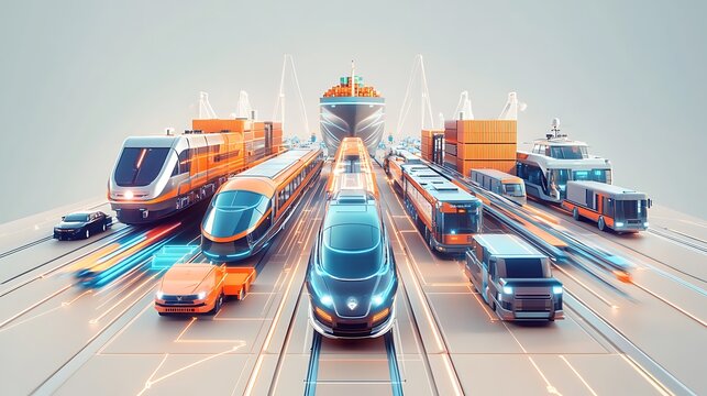 A futuristic illustration depicting various modes of transportation