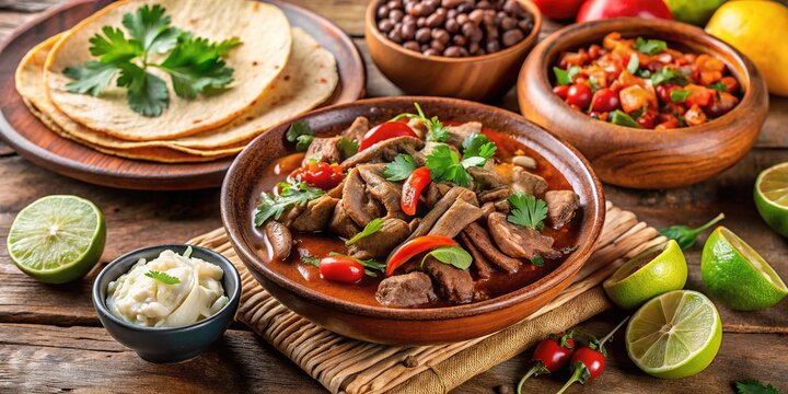 Traditional Mexican Dish Of Tender, Slow-Cooked Meat Served With Tortillas, Beans, And Fresh Ingredients