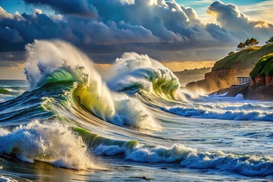 Turbulent ocean waves crashing against the shore, revealing a powerful riptide pulling seawater out to sea, creating a dramatic coastal landscape scene.