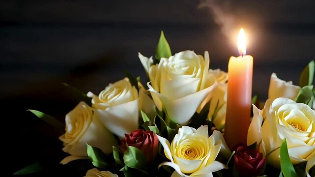 Solemn funeral white flowers and candles on dark background, memory and grief wallpaper.