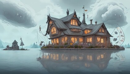 Obraz premium Illustration of creepy boat house on the water