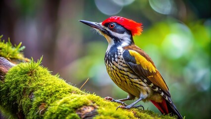 Vibrant black-rumped flameback woodpecker perches on a moss-covered tree trunk, its bright red crown and black back feathers glisten in the dappled forest light.