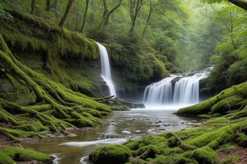Fototapeta premium Waterfalls in forest. Fresh waterfalls in deep forest