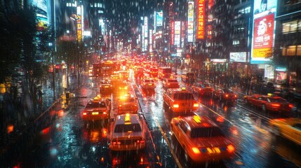 Fototapeta premium A rainy night on a busy city street with taxis driving by