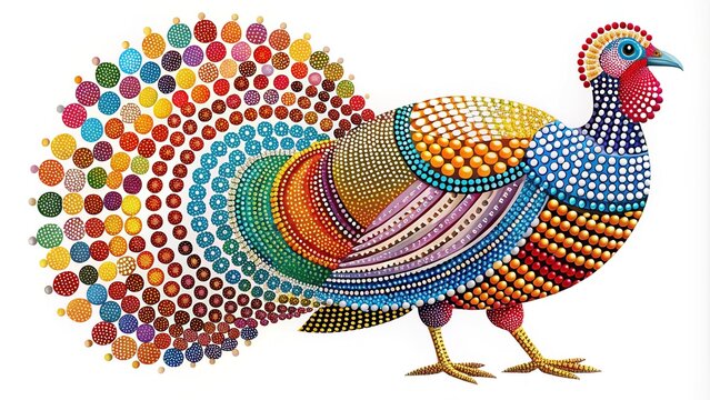 Vibrant dot art illustration of a festive Thanksgiving turkey adorned with colorful polka dots, bold lines, and playful textures on a white background.