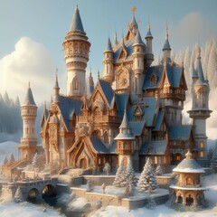 Fototapeta premium Fantasy castle, winter wonderland, snow-covered spires, ornate architecture, fairytale palace, magical kingdom