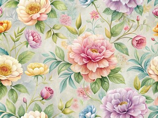 Vibrant floral pattern with delicate petals and leaves in soft pastel hues on a subtle textured background, perfect for adding elegance to any room.