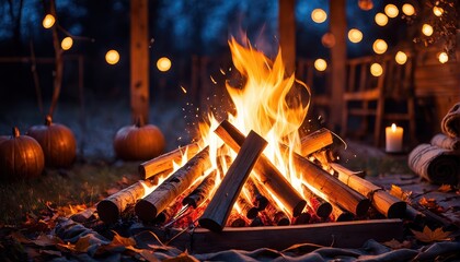 A cozy outdoor scene featuring a crackling bonfire, pumpkins, and soft lighting for a warm atmosphere.
