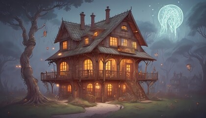 Fototapeta premium Illustration of big old mansion with big old tree, night landscape illustration 