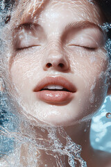close-up of young beautiful woman with refreshing, effervescent feel of a splash of sparkling water, beauty, cosmetics, flawless