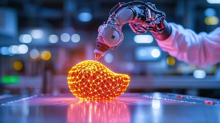 Futuristic Robot Quality Control Scan on 3D-Printed Object in High-Tech Production Line