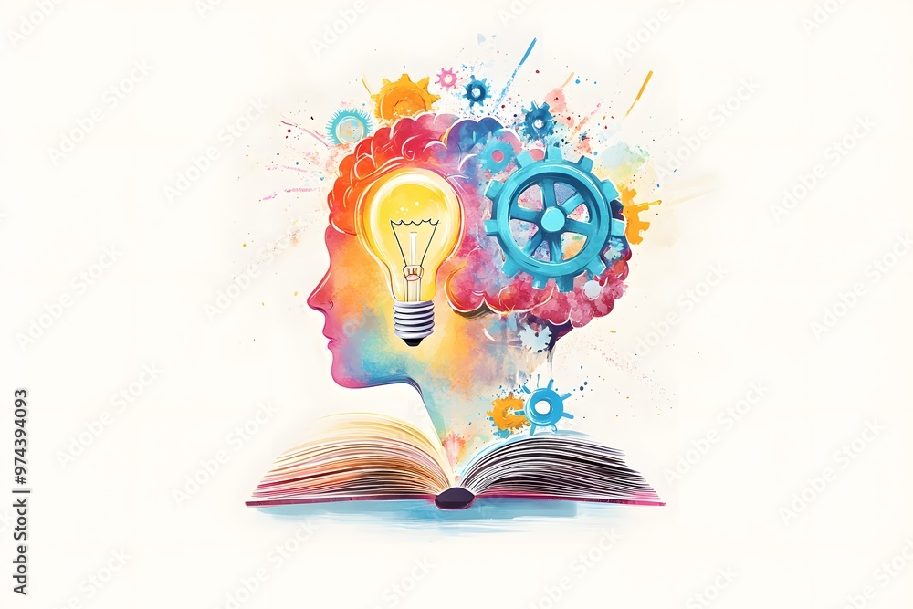 Poster open book with light bulb and cogs illustrating knowledge and idea