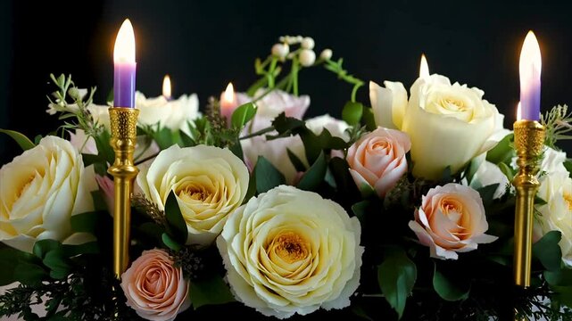 Solemn funeral white flowers and candles on dark background, memory and grief wallpaper.