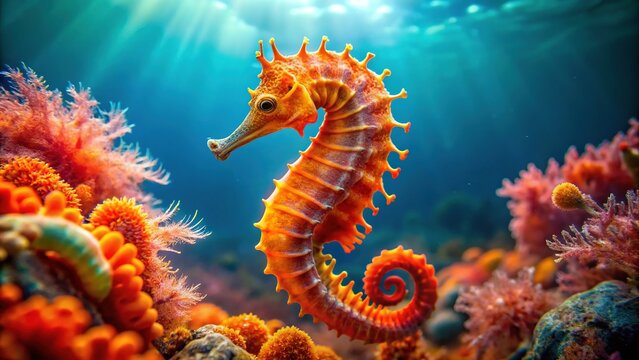 Vibrant orange seahorse with curled tail and intricate camouflage patterns swims amidst coral reef, showcasing its unique features in a sun-drenched tropical ocean setting.