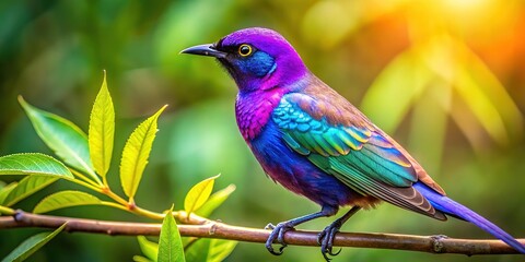 Fototapeta premium Vibrant purple bird with iridescent plumage perches on a verdant branch, its delicate feathers glistening in the warm sunlight, showcasing nature's stunning color palette.
