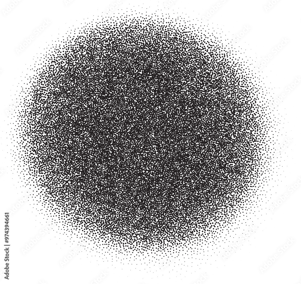 Poster noisy gradient shape. grainy dotted spray paint dust. stipple abstract circle spot. liquid black blo