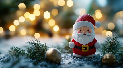 figure of cute cartoon santa claus, the symbol of the year, in a Christmas hat , on the background of the Christmas tree, the concept of greetings with new year, space for text