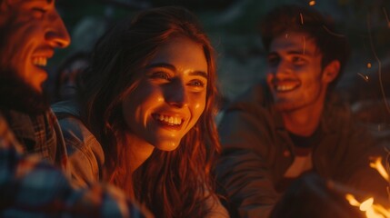 Group of Friends Laughing Around a Campfire at Night