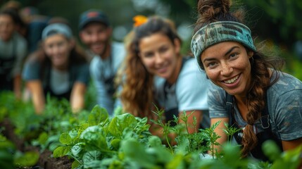 Happy Woman Gardening with a Group of Friends