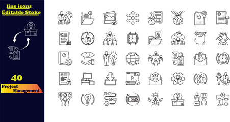 Editable stroke icon collection for project management, featuring icons for time management and planning. This set includes customizable outline icons for effective project organization.