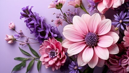 Fototapeta premium An image of a composition of pink and purple flowers on a pastel background.