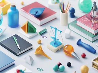 Study utensils, notebooks, pencils, pen holders, etc. on white background