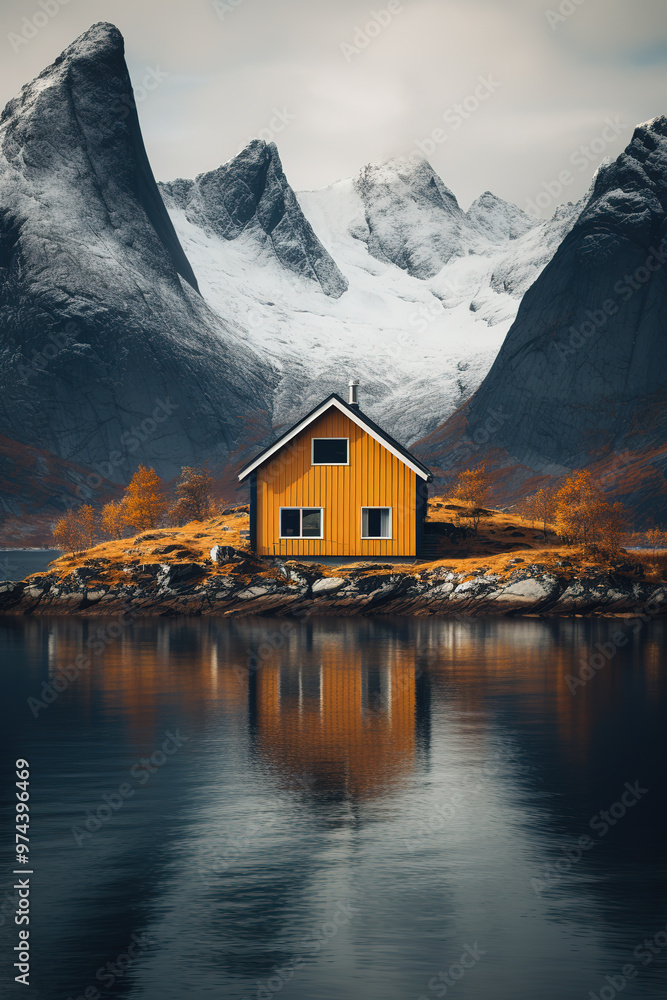 Wall mural a yellow cabin sitting on the shore with mountains