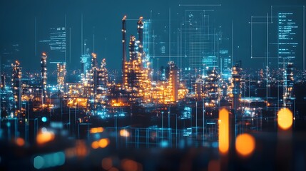 Fototapeta premium Industrial Factory at Night with Futuristic Digital Overlay