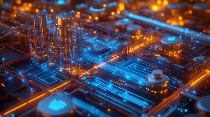 Obraz premium Futuristic Factory with Blue and Orange Lights