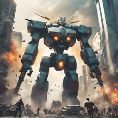 Giant robots fighting in a futuristic city
