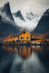Fototapeta premium A yellow cabin sitting on the shore with mountains