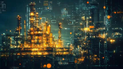 Fototapeta premium Industrial Night Cityscape with Digital Overlay