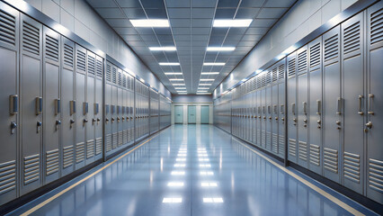 Empty school hallway with grey metal lockers