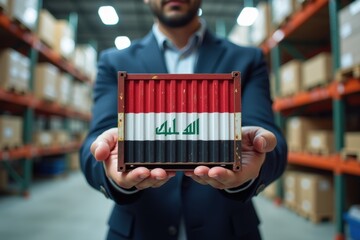 Businessman holding a container loaded with goods from Iraq. Generative AI