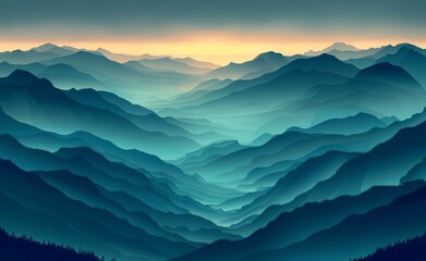 Obraz premium Mountain Landscape with Foggy Layers in Dark Green and Blue Tones