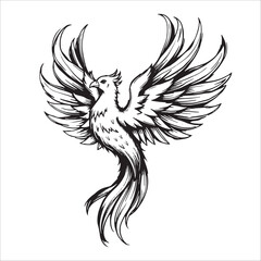 Obraz premium Phoenix tattoo black and white vector illustration isolated on white background.