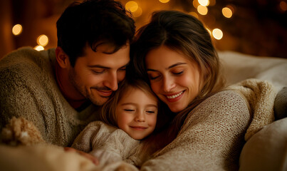 Cozy family scene with parents and children relaxing on a sofa, wrapped in warm blankets under soft lighting, embracing comfort and togetherness.

