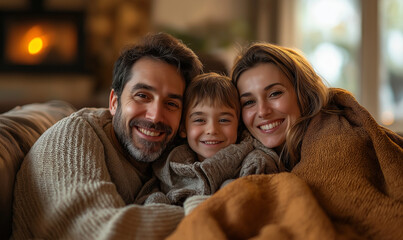 Cozy family scene with parents and children relaxing on a sofa, wrapped in warm blankets under soft lighting, embracing comfort and togetherness.

