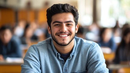 Fototapeta premium bright classroom setting with smiling latino student, enjoying college education, academic atmosphere and study success