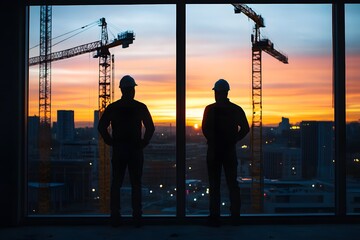 Construction Workers Silhouettes Watching Sunset Over Cityscape