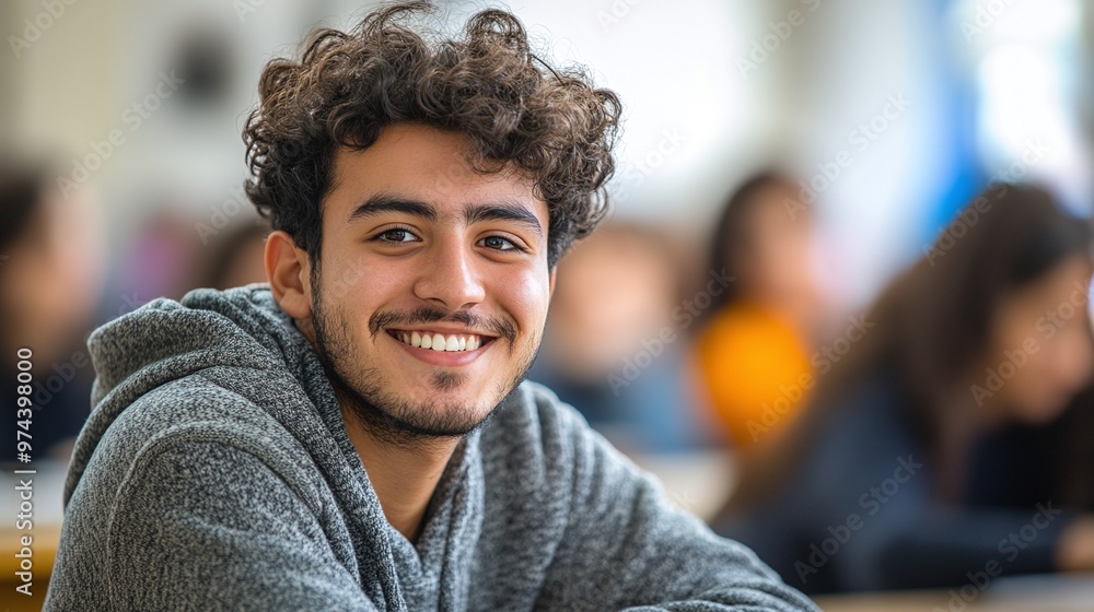 Poster bright classroom scene with latino student smiling, university lecture room setting, cheerful learni