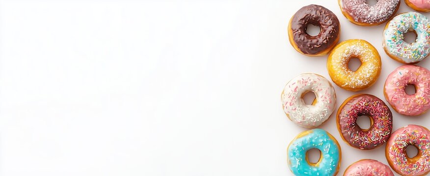 Colourful doughnuts or donuts with sprinkles and icing on an isolated white background. Room for text, copy space, suitable for a header, banner or menu. 