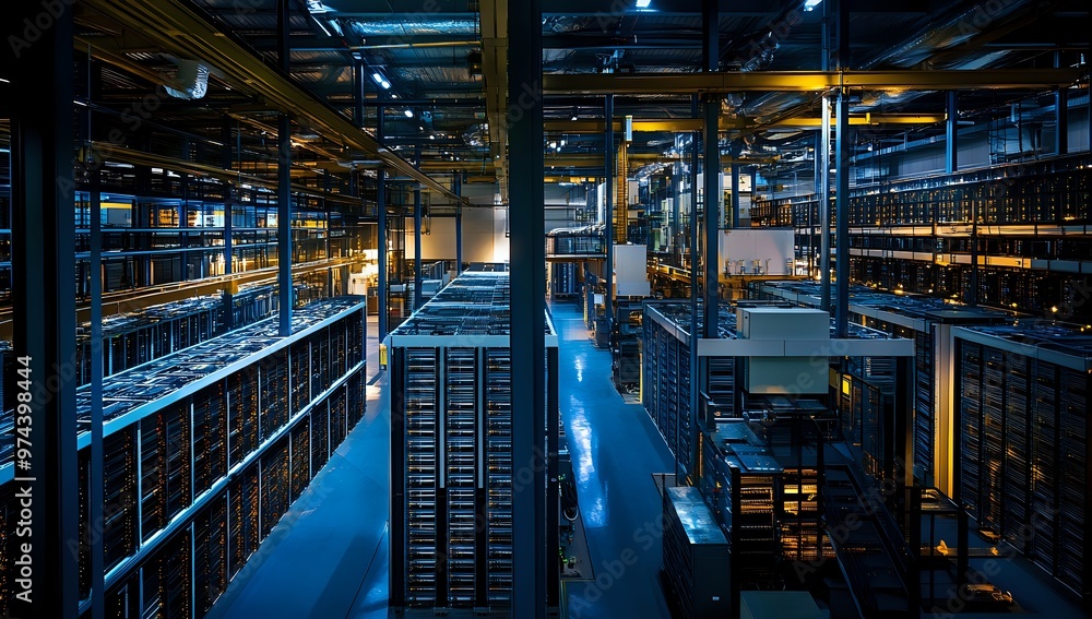 Poster a high angle view of a server room with rows of servers and blue floor.