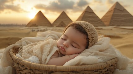 tranquil setting with infant Moses in a basket, resting in the shadow of Egyptian pyramids,...